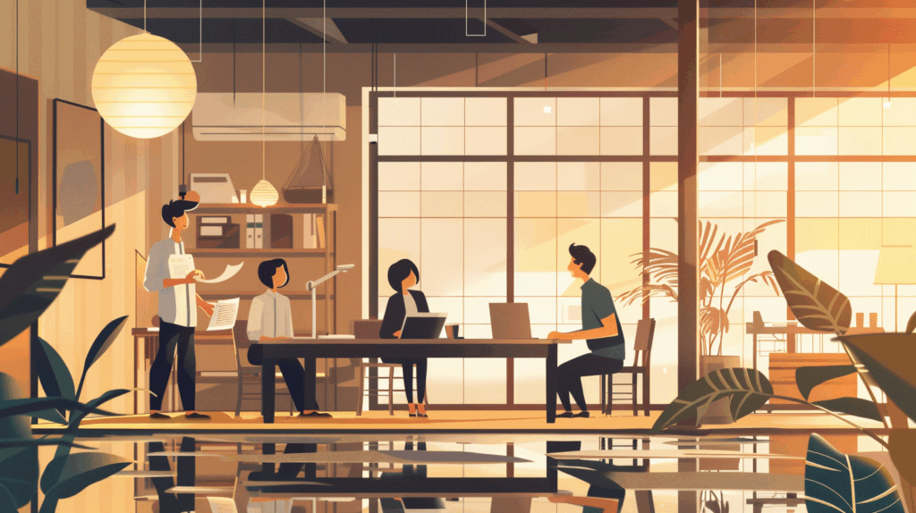 日本のおしゃれなオフィスで自動化やアプリ開発に取り組む社員たちのイラスト