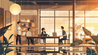 日本のおしゃれなオフィスで自動化やアプリ開発に取り組む社員たちのイラスト