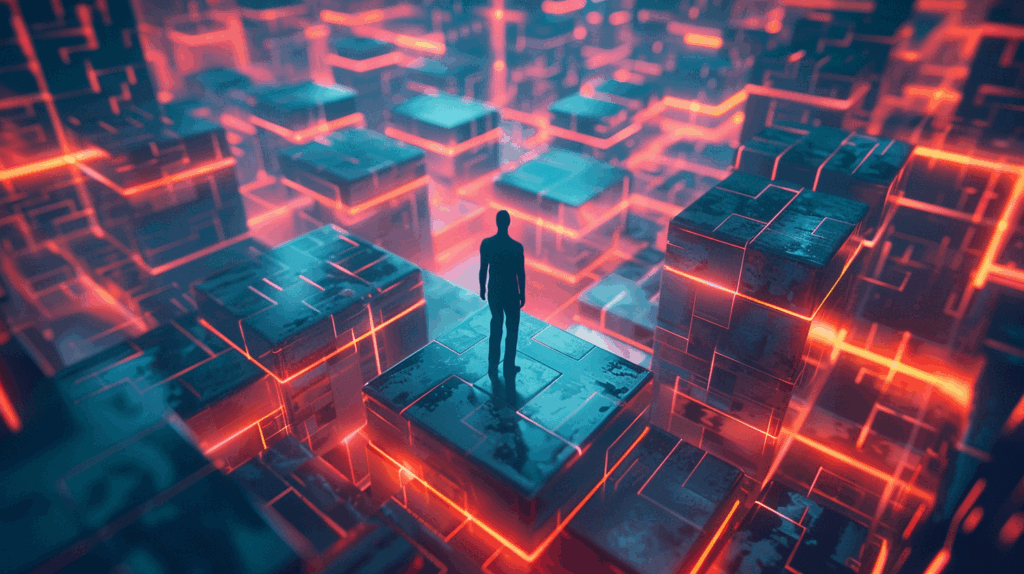 ローコード開発の落とし穴を象徴する未来的なシステム画面と人のシルエット