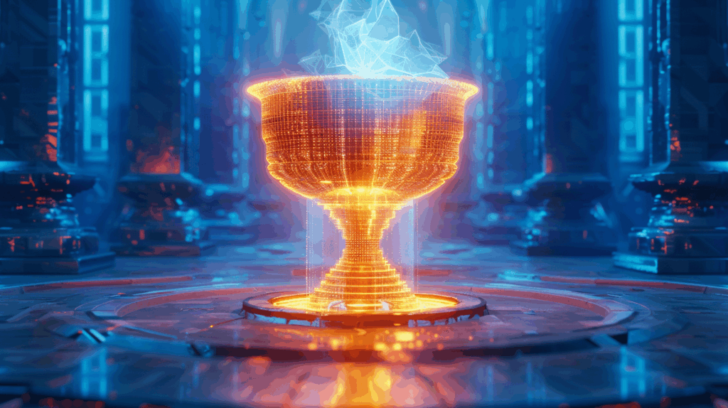光るデジタル聖杯を前に、理想のプロンプトを求めて苦悩する人間の象徴的イメージ