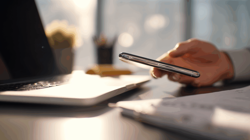 仕事中にスマホへ手を伸ばす人の手元とノートパソコンが並ぶデスクの写真