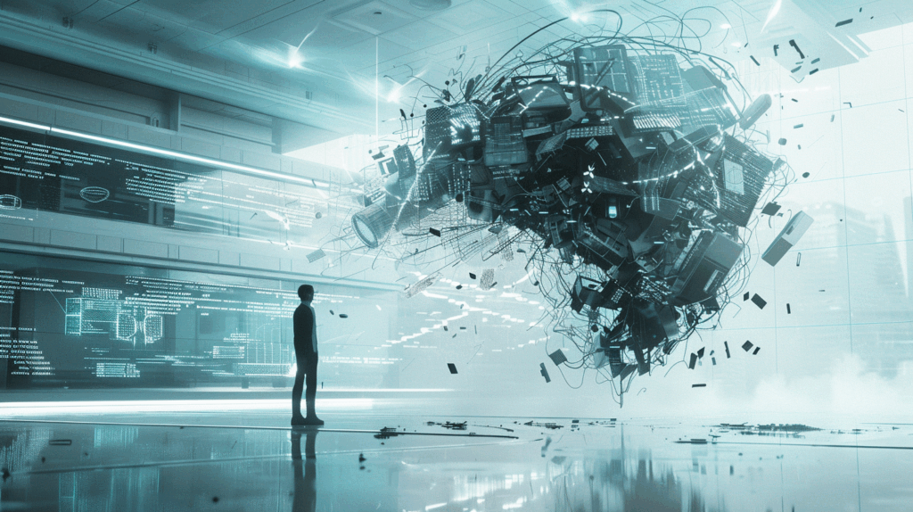 暴走する巨大システムの前で立ち尽くす人物を描いた未来的なイメージ。レガシー化したITシステムの混乱と危機感を表現したビジュアル。