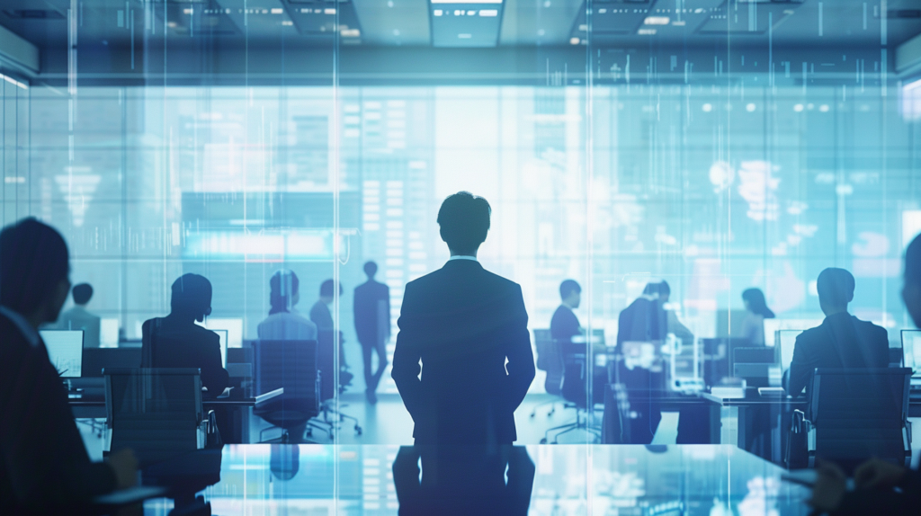 DX推進を担うシステム担当者が、現場とデジタルシステムの狭間で立ち尽くす様子を表現した未来的なオフィス空間