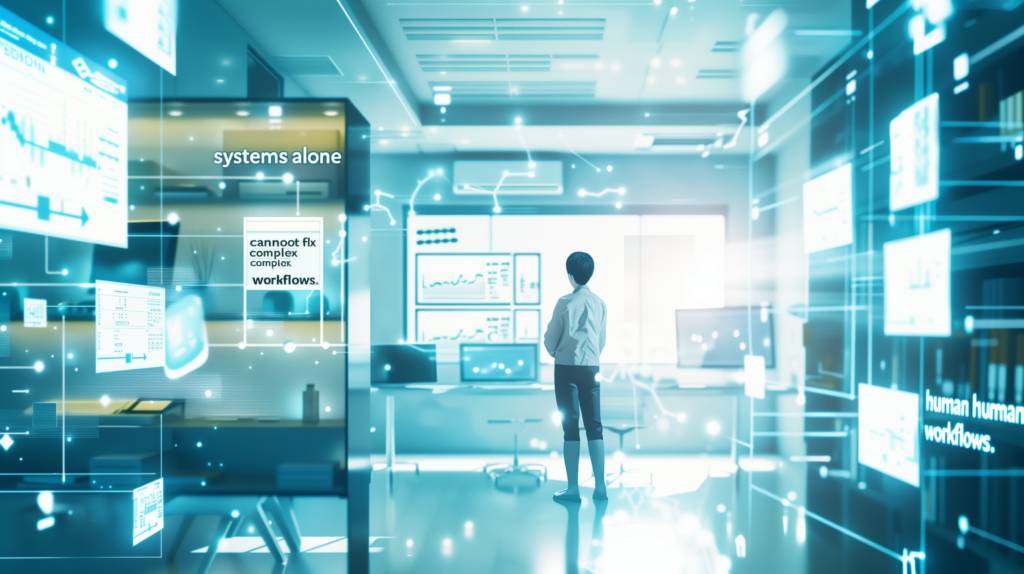 システム導入だけでは業務最適化が進まない現実を示す未来的なワークフロー画像