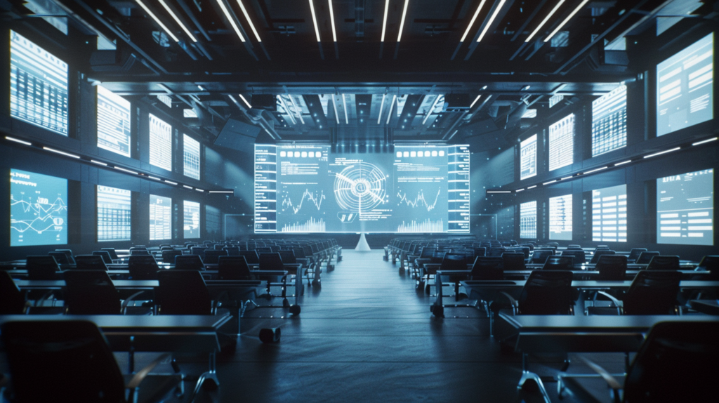 DX成果発表会の会場で、複数のダッシュボードやグラフが映し出されているが、業務効率や労務改善の実感が見えにくい状況を象徴するイメージ